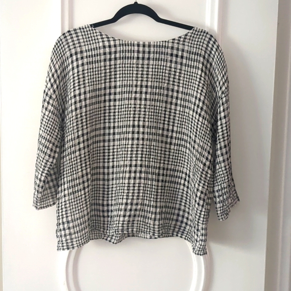 Eileen Fisher Boxy Linen Top Windowpane Check WhiteBlack Size LG Petite - Picture 2 of 9